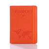 Orange leather passport organizer with a world map design and a zipper closure.