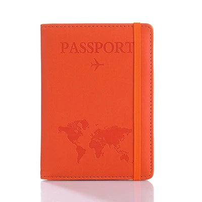 Orange leather passport organizer with a world map design and a zipper closure.