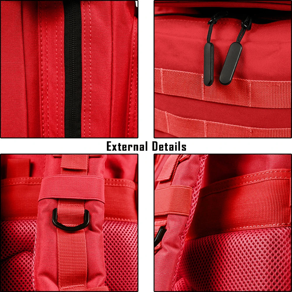 External details of a red tactical backpack showing zippers and fabric construction.