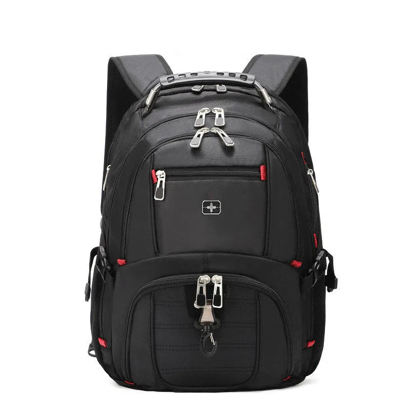 Mochila de viaje grande para hombre suiza negra con múltiples compartimentos y hebillas