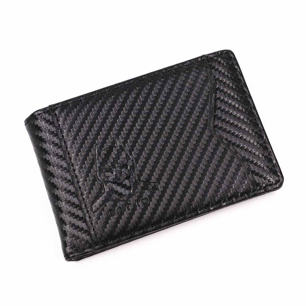 Cartera de cuero negro y delgado con forma de bate para hombre, vista desde arriba