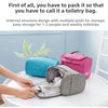 A hand is opening a gray portable toiletry bag, showing its internal structure and storage grids.