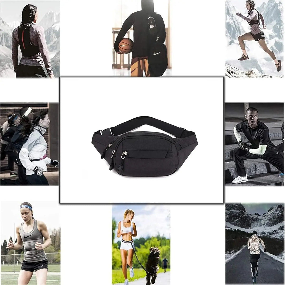 A black men's adjustable waist bag with a 4-zip belt shown in various contexts.