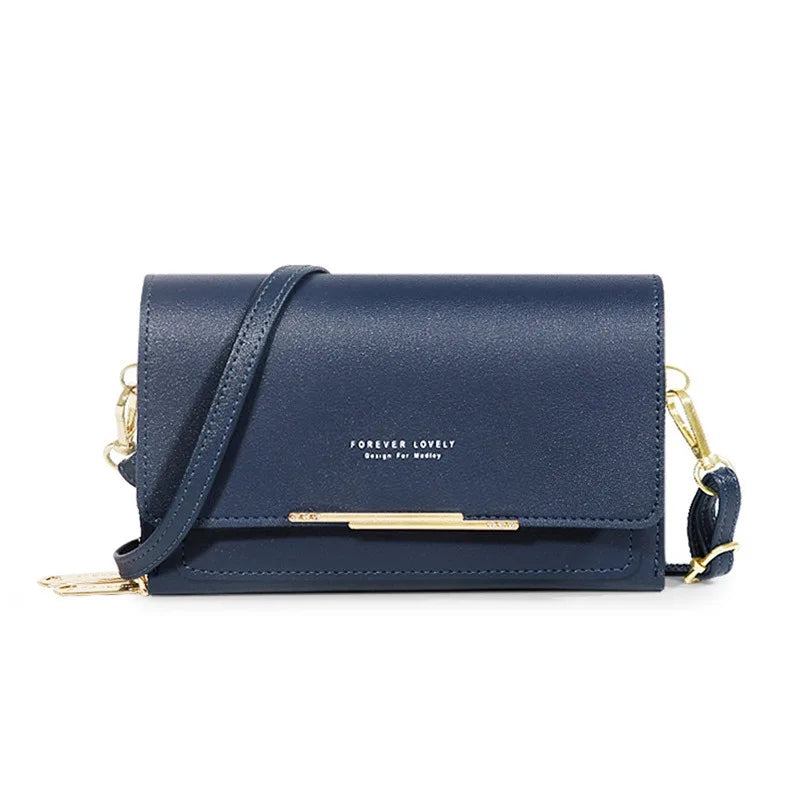A navy blue women's multi-card shoulder wallet with gold hardware.