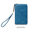 A navy blue passport holder with a leather strap and a globe design.