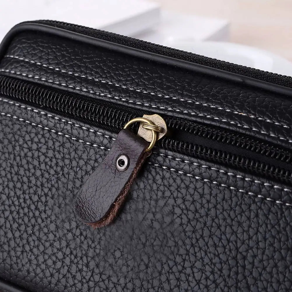 Black PU leather waist bag with a zipper and brown leather strap detail