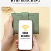 يد تمسك محفظة جلدية خضراء ذات طيات لحجب تقنية RFID، توضح أنها لا تقرأ أي بيانات.