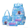 A light blue multi-compartment backpack set featuring a main backpack and a separate pouch with demon hunters graphics.