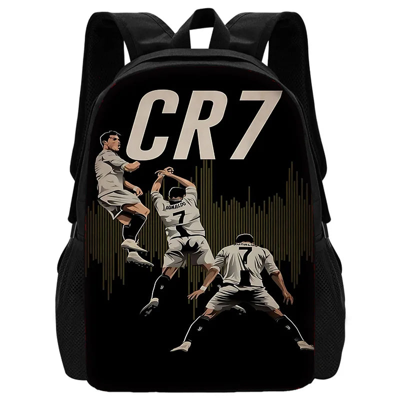 Black backpack featuring a graphic with the text CR7 and a soccer player silhouette.