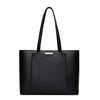 A black leather shoulder bag with a long handle is shown against a white background.