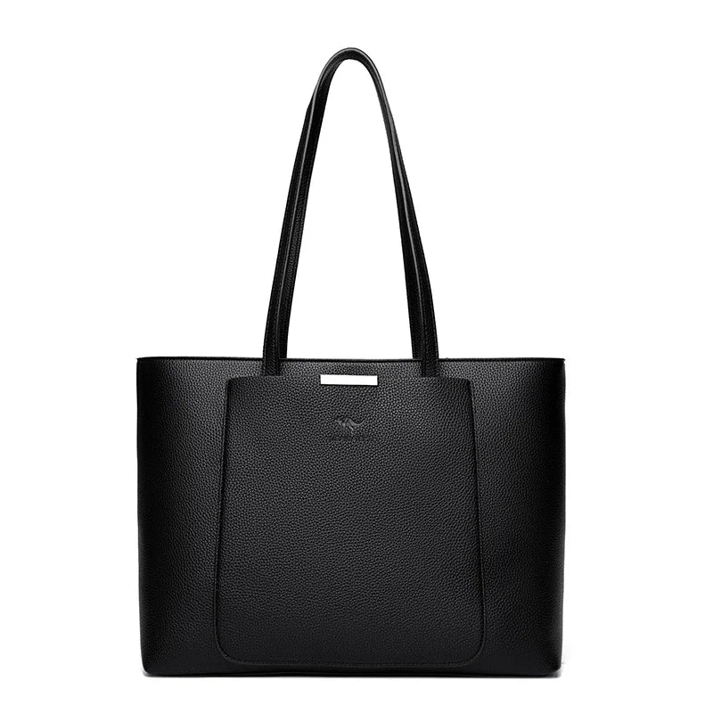 A black leather shoulder bag with a long handle is shown against a white background.
