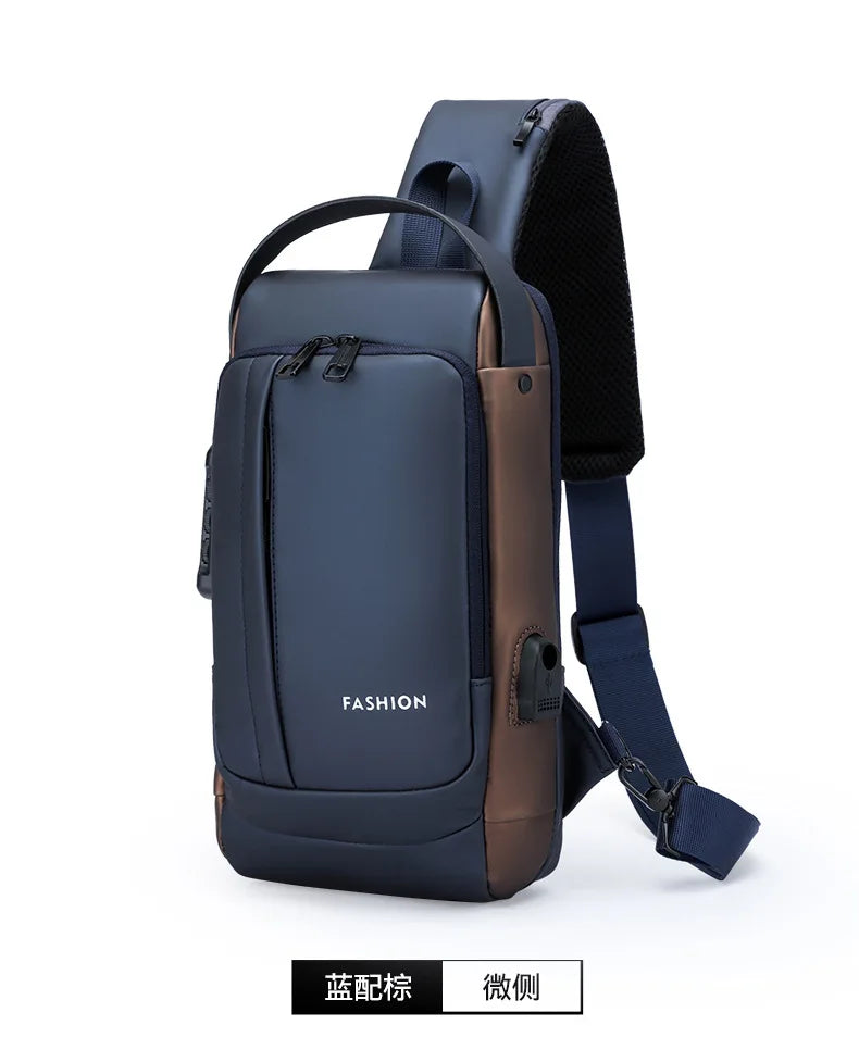 A dark blue anti-theft zippered crossbody bag with brown accents shown from the back.