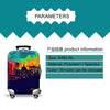 A dark blue suitcase with a protective cover, showing product parameters and information.