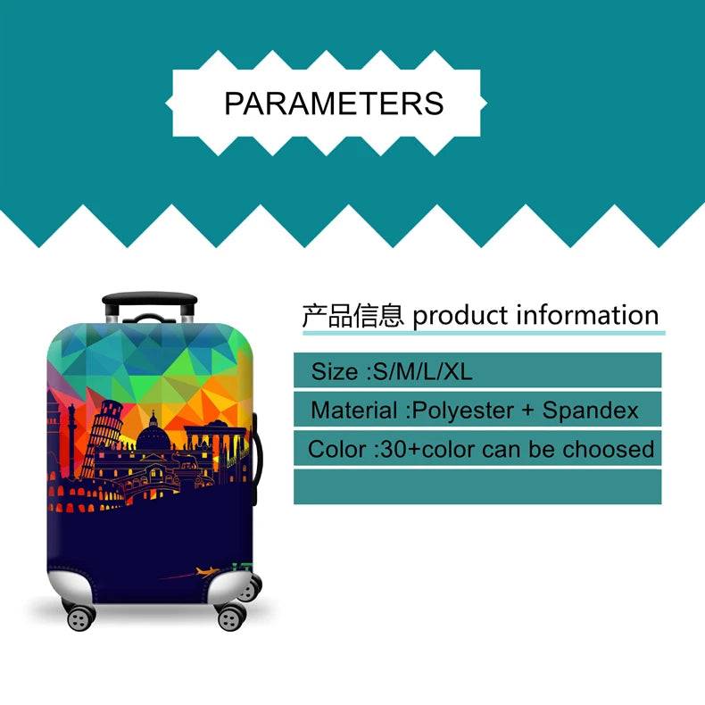 A dark blue suitcase with a protective cover, showing product parameters and information.