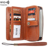 A brown leather RFID protected multi-card wallet with a wrist strap is shown open.