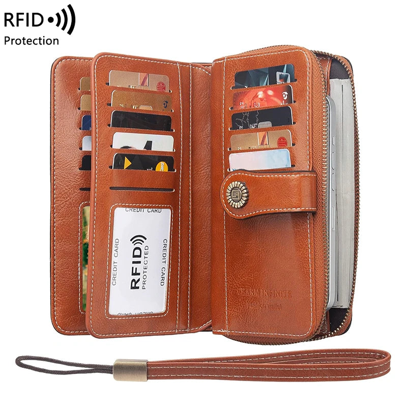 A brown leather RFID protected multi-card wallet with a wrist strap is shown open.
