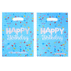 Two blue gift bags with white text saying Happy Birthday and colorful confetti.