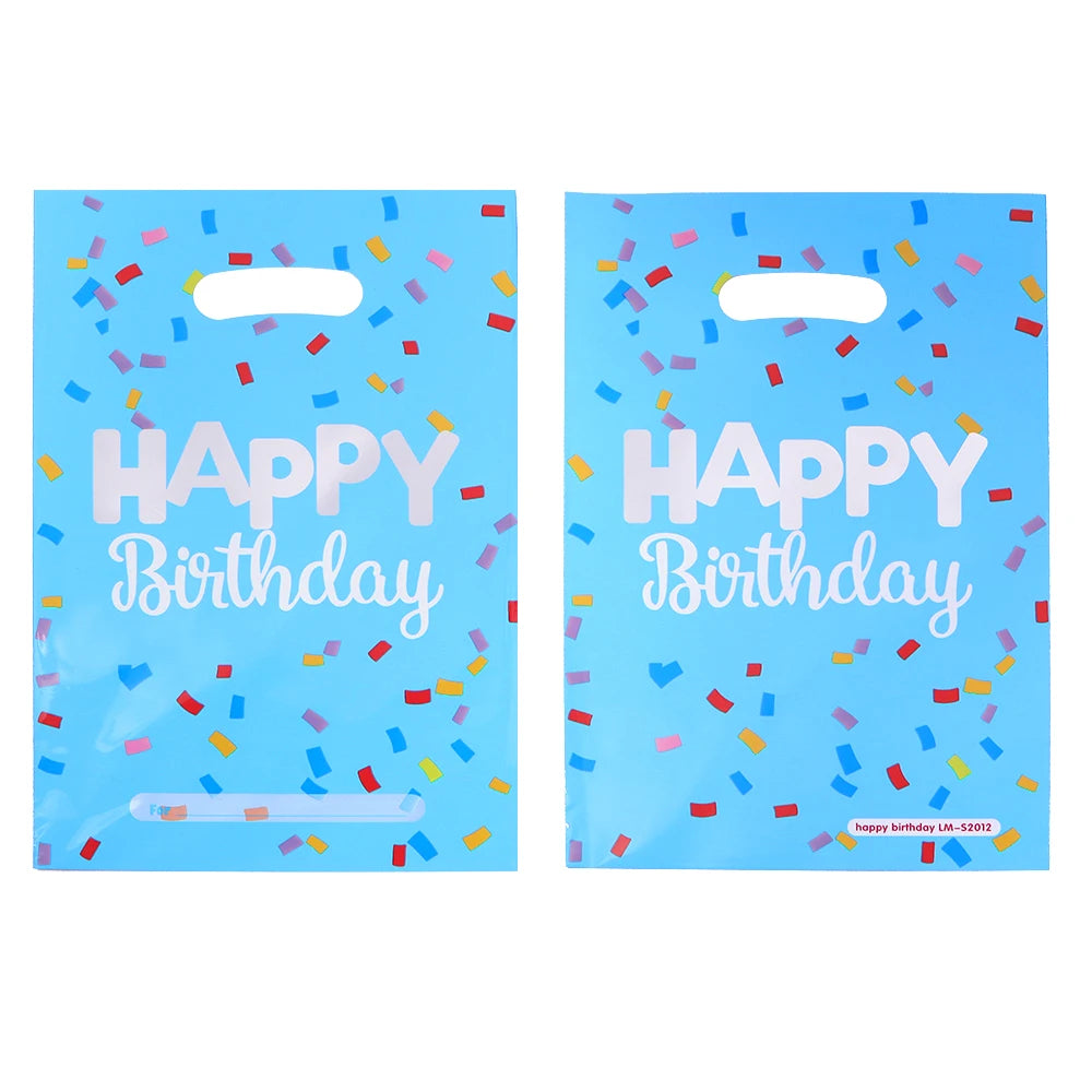 Two blue gift bags with white text saying Happy Birthday and colorful confetti.