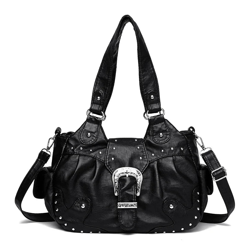 Schwarze Vintage Soft PU Leder Schultertasche mit silberner Hardware