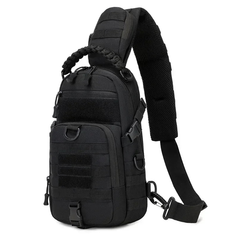 Black tactical chest bag with a padded shoulder strap shown from the back.