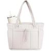 A light beige quilted tote bag with a white handle and cup inside.