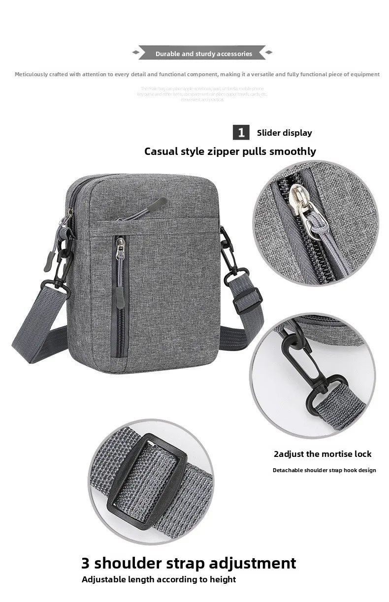 A gray nylon crossbody shoulder bag with a zipper display and adjustable strap features a mortise lock design.