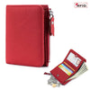A red genuine leather slim bi-fold wallet with a zipper and cash inside.