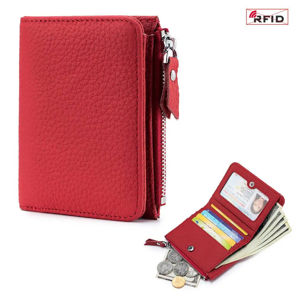 A red genuine leather slim bi-fold wallet with a zipper and cash inside.