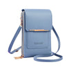 A light blue RFID-protected touch screen crossbody bag with a gold-toned zipper and leather strap.