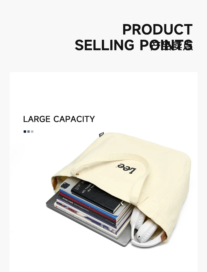A beige Lee oxford cloth tote bag is shown with various electronic devices and accessories inside.