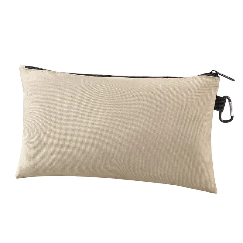 A beige multi-functional organizer tool kit bag with a zipper and a metal clip.