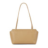 A tan genuine leather mini shoulder bag with adjustable straps shown against a white background.