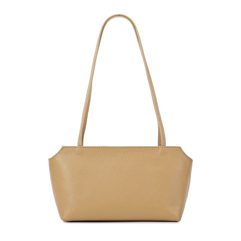 A tan genuine leather mini shoulder bag with adjustable straps shown against a white background.
