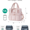 Pink insulated quilted lunch bag with a wide opening and zipper details shown in various dimensions.