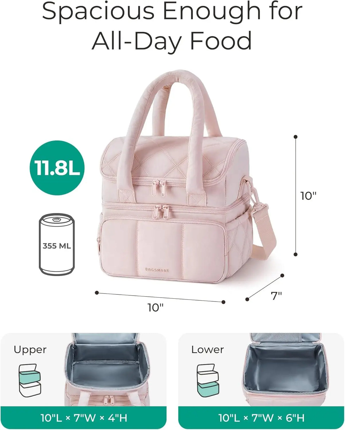 Pink insulated quilted lunch bag with a wide opening and zipper details shown in various dimensions.