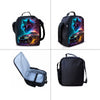 A black backpack set featuring a wolf cartoon design, including a backpack, lunch bag, and pencil case.