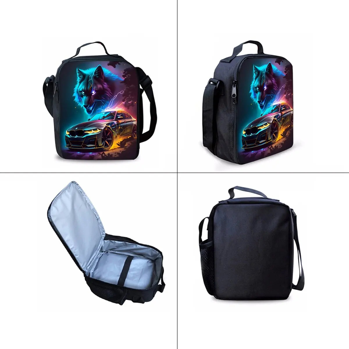 A black backpack set featuring a wolf cartoon design, including a backpack, lunch bag, and pencil case.