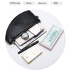 A black PU leather clutch bag is shown open, displaying a wallet, a watch, and some cash on a white background.