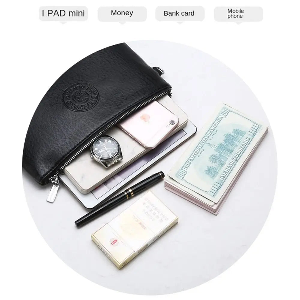 A black PU leather clutch bag is shown open, displaying a wallet, a watch, and some cash on a white background.
