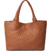 A brown handwoven vegan leather tote bag with a woven texture and a handle.