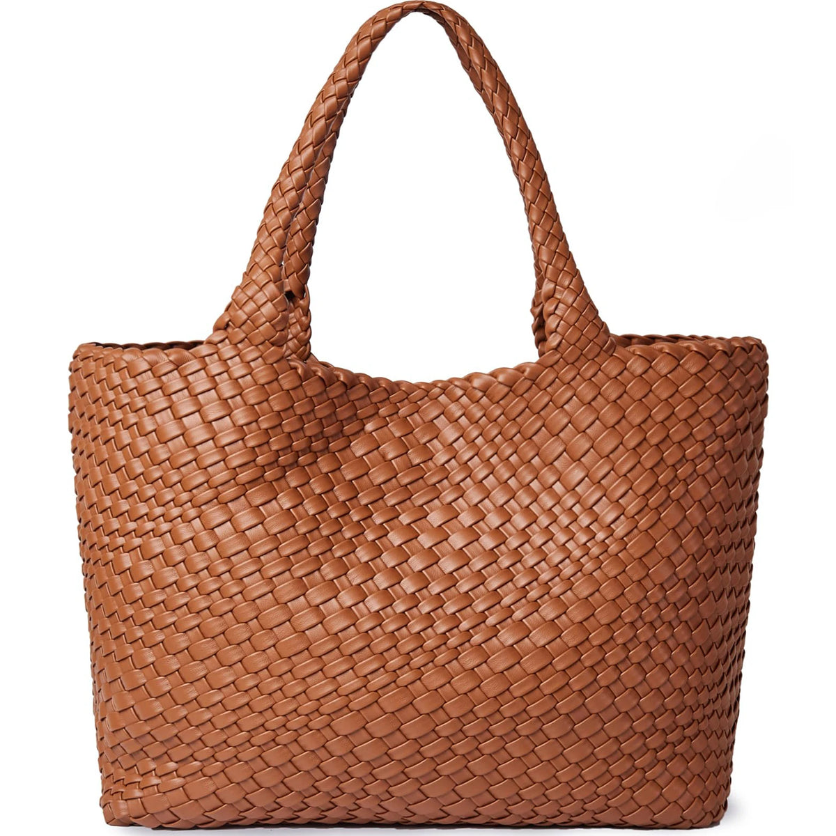 A brown handwoven vegan leather tote bag with a woven texture and a handle.