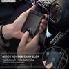 A hand holds an RFID protection wallet with a carbon fiber texture near a car interior component.