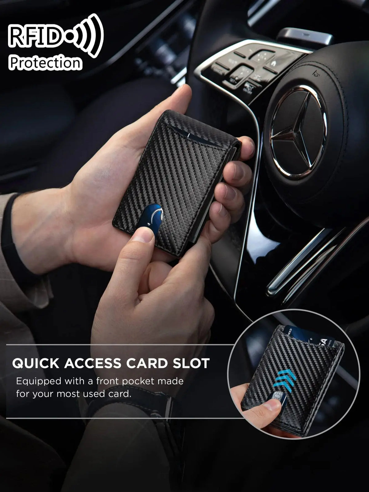 A hand holds an RFID protection wallet with a carbon fiber texture near a car interior component.