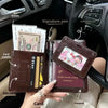 A brown leather passport wallet is shown open, displaying a passport and various cards like SIM cards and credit cards.