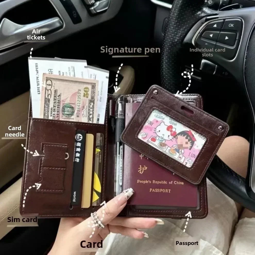 A brown leather passport wallet is shown open, displaying a passport and various cards like SIM cards and credit cards.