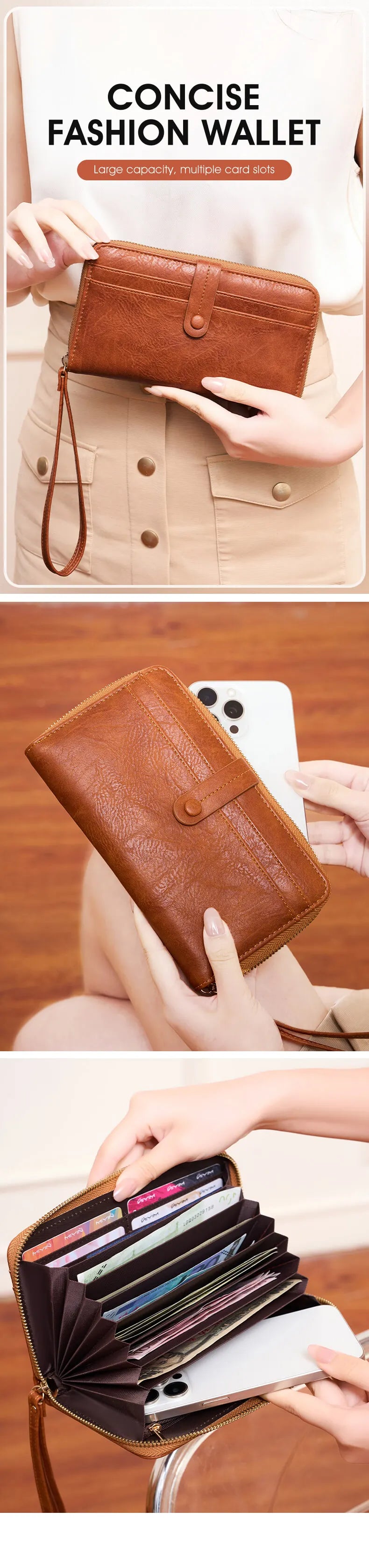 A brown PU leather fashion wallet is shown being held and opened to display various cards and a smartphone.