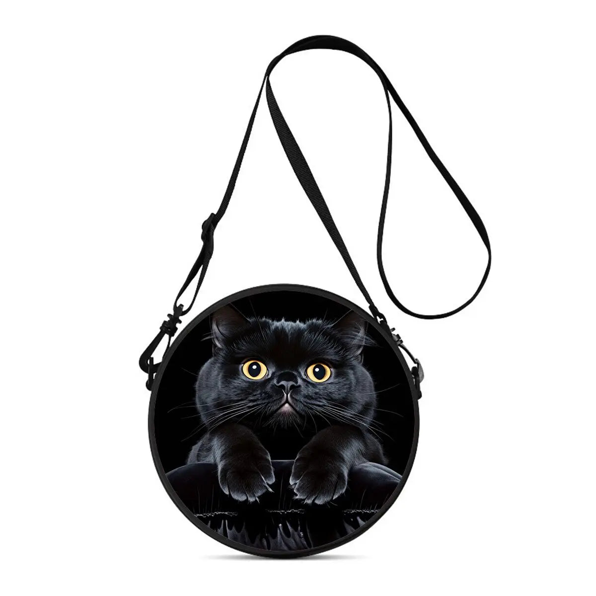 A black cartoon cat round crossbody bag with a thin black strap.