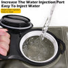 A hand is injecting water into a black reusable insulated hydration bottle using an injection port.