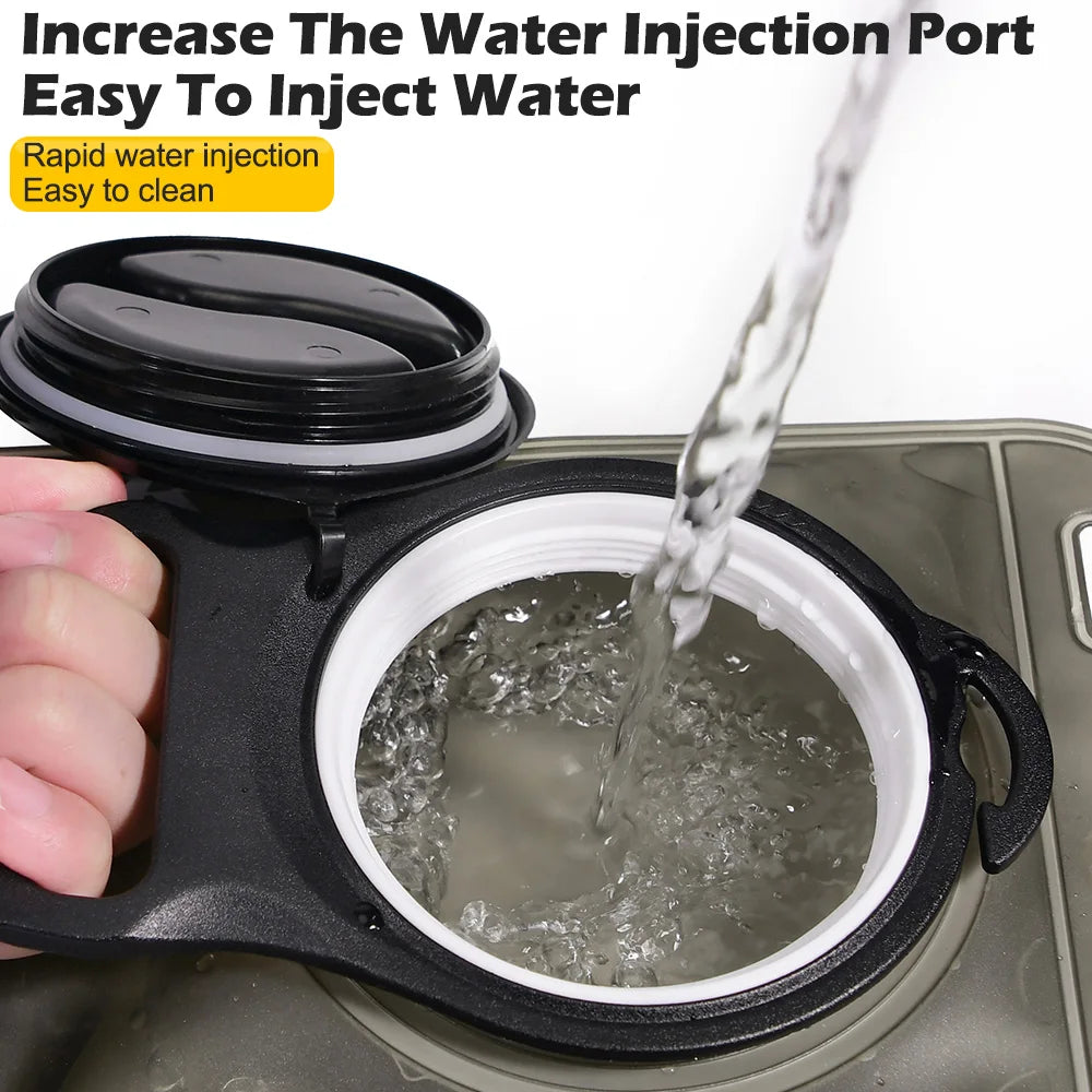A hand is injecting water into a black reusable insulated hydration bottle using an injection port.