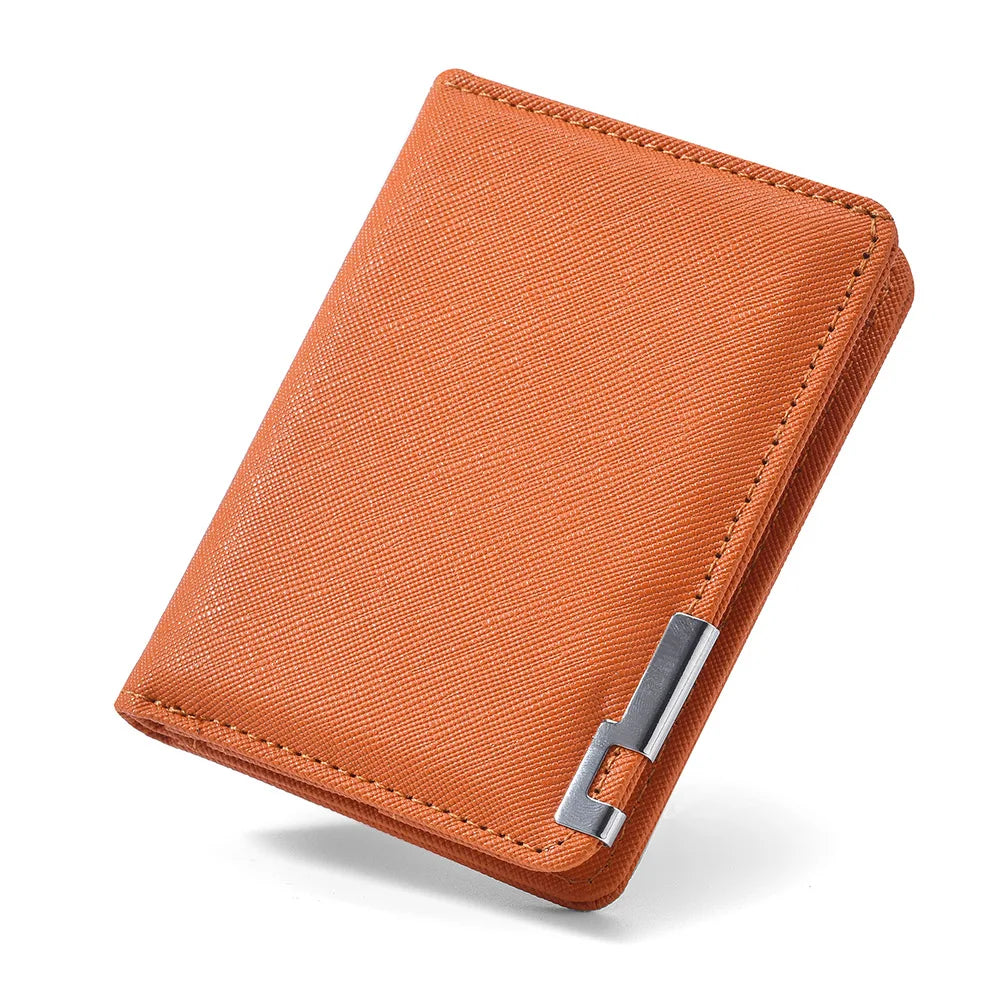 A brown slim faux leather business card wallet shown from above.